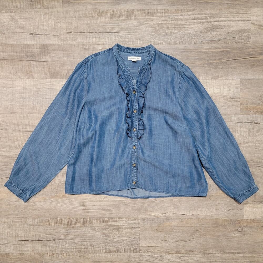Coldwater Creek 100% Tencel‎ Lyocell Denim Button Up Ruffle Front V Neck Shirt